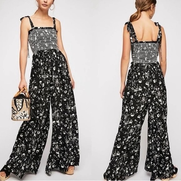 Free People Pants - Free People Color My World Jumpsuit Floral Boho Smocked Wide Leg Sz L